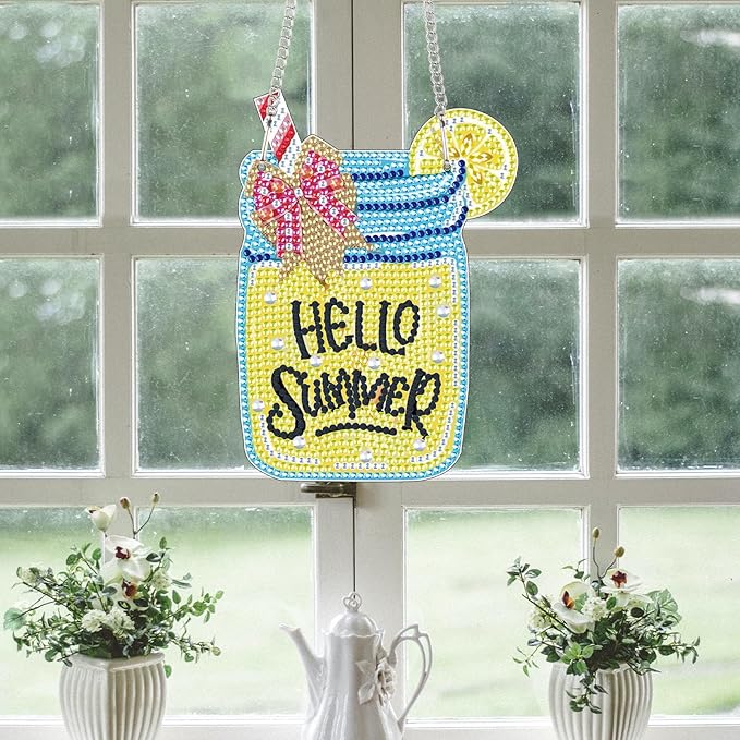 AiYuanzsh Hello Summer Diamond Painting Hanging Kit, DIY 5D Jar Lemon Drink Sign Ornament, Diamond Art Hanging for Adults, Door or Wall Summer and Holiday Decoration, Handmade Crystal Art Gift