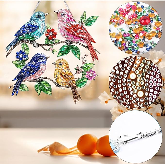 Bimkole Bird Diamond Art Hanging Kit for Adult, DIY 5D Branches Diamond Art Painting Window Pendant, Acrylic Crystal Art Hanging Ornament for Wall Home Garden Front Door Decor - 7.8x7.8 Inch