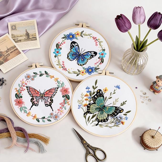3 Sets Butterfly Flower Embroidery Kit for Beginners, Cross Stitch Practice Kits for Craft Lover with Pre-Stamped Patterns, 7.8-Inch Hoop, Threads, Needles, Step-by-Step Guide & Video, Needlepoint Kit