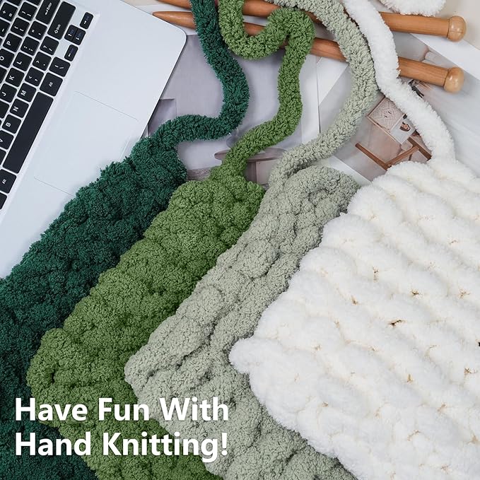 Chunky Yarn for Hand Knitting - #10 Chunky Chenille Yarn, Jumbo Big Thick Chunky Yarns for Crocheting, Super Bulky Chunky Knit Blanket Yarns, 8 Skein (25yd, 8oz/Skein), Cream & Multi Green