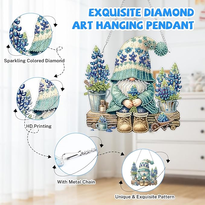 Bowetile Gnome Diamond Art Hanging Kits for Adults, 5D Special Shape Diamond Painting Flowers Pendant Kits, Gem Art Suncatchers Painting Window Ornament for Home Garden Wall Decor