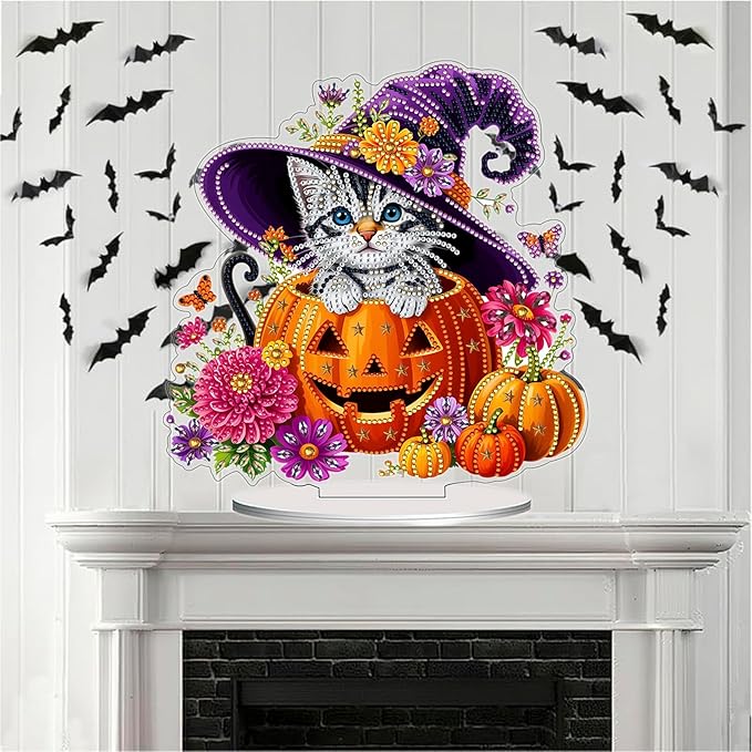 Diamond Art Hanging Kits for Adult, Diamond Art Halloween Crafts Decor, 5D DIY Acrylic Diamond Art Painting Ornaments, Window Pendants Wall Hanging Kits for Home Garden (Cat)