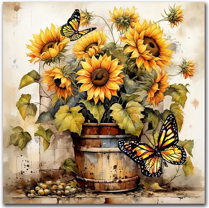 igoodom Diamond Art Kits for Adults, Sunflowers Diamond Art Kits, Full Drill Round Sunflowers Butterfly Diamond Painting Kits, DIY Gem Art and Crafts for Home Wall Decor Gift 14x14inch