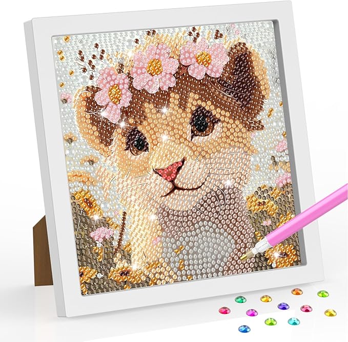 SENQAO Lion Diamond Art Kit for Adults with Frame Art and Crafts for Adults Ages 6-8 -10-12 Easy to DIY Diamond Art for Adults and Adult Beginners Home Wall Decoration 7.1x7.1inch