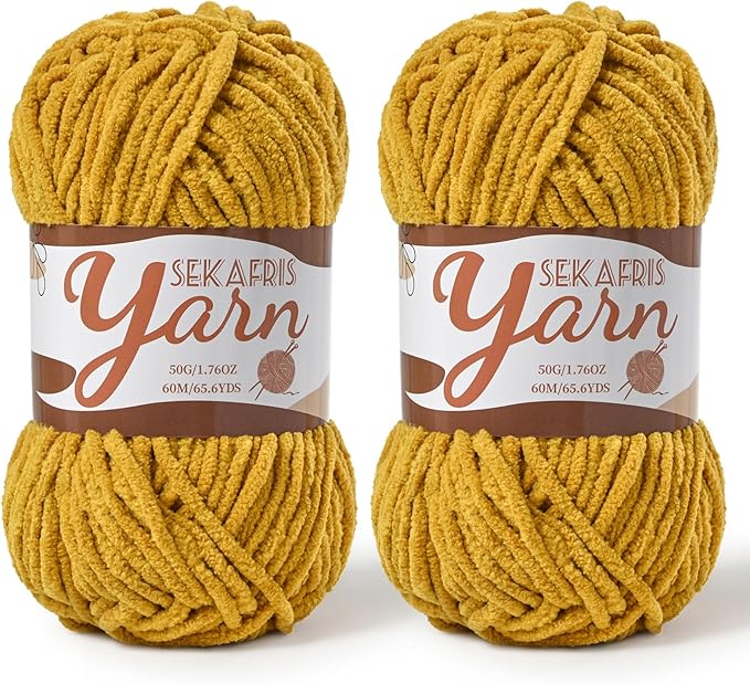 2 Pack Fluffy Velvet Yarn for Crocheting，Baby Blanket Yarn for Crocheting Soft，100g(131yds) Amigurumi Yarns，Plush Chenille Crochet Yarns，Puzzle Yarn for Crochet Weaving Craft(2 Turmeric)