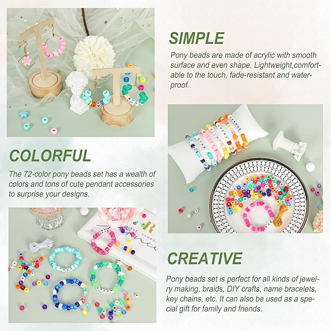 QUEFE 4700pcs, 72 Colors Pony Beads Rainbow Kandi for Bracelets Making Kit, 3600pcs 9mm Plastic and 1000pcs Letter Beads, Alphabet for Jewelry Making With Elastic Threads