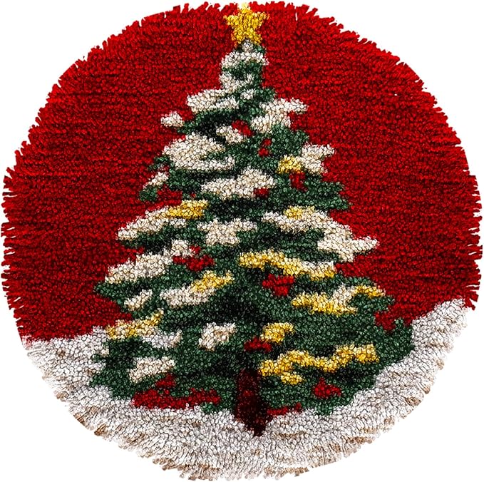 Latch Hook Rug Kit Christmas Tree with Red Easy for Beginners Round Shape Carpet Crochet Yarn Craft Mini Rug DIY Hook and Latch Little Tapestry for Home Decor 30x30cm-3