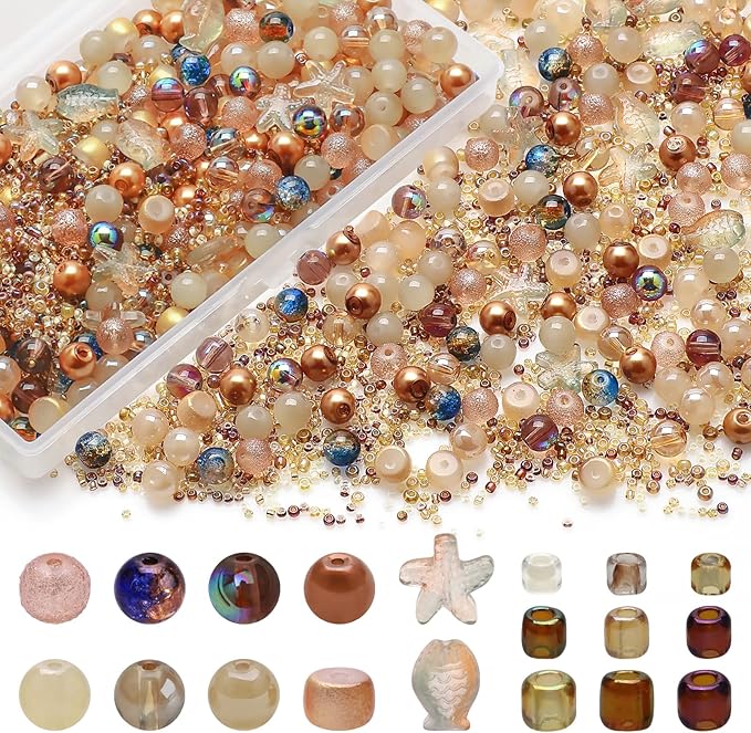 Rired 27 760pcs Mixed Glass Beads for Jewelry Making, 8MM Brown Assorted Round Beads, Bracelet Making Kit Including Ocean Starfish Crystal Beads and Seed Beads