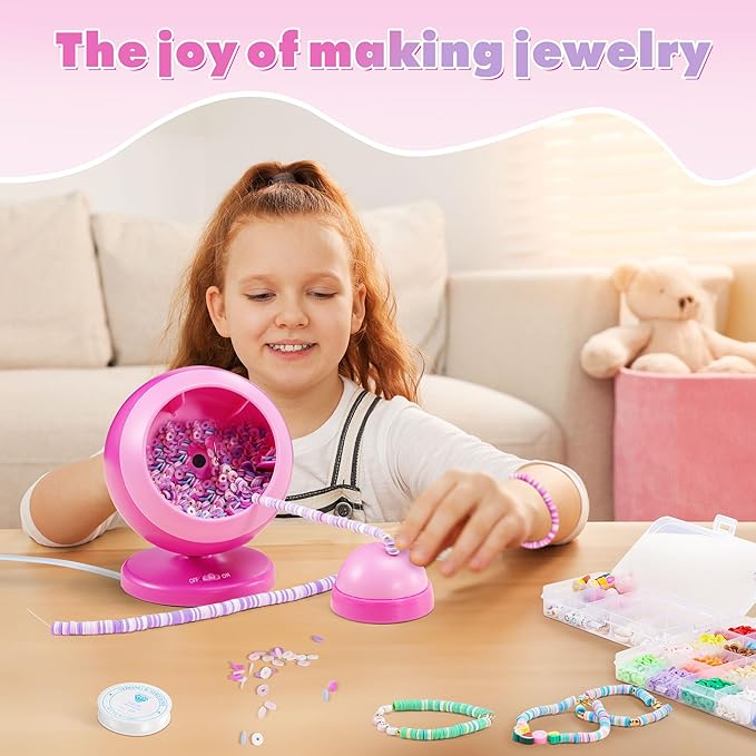 ETUDAW Bead Spinner for Jewelry Making, 4500 PCS Clay Beads, Automatic Bracelet Maker with Needles and Thread for Cute Friendship Bracelets, Gift for Girls(Red)