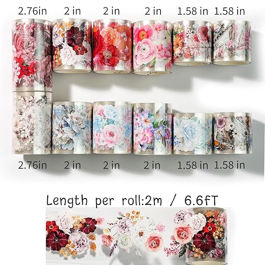 12-Roll Floral PET Washi Tape Set & PET Stickers – Easy to Use for Journaling & Card Making, Ideal for Scrapbooking & Junk Journaling
