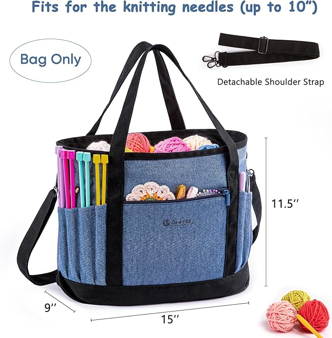 Canvas Yarn Storage Organizer Bag Washable Crochet Bag with Pockets for Yarn, Hooks, Needles – Travel Knitting Tote for Crafters – Gift for Crocheters & Knitters (Medium/Large)