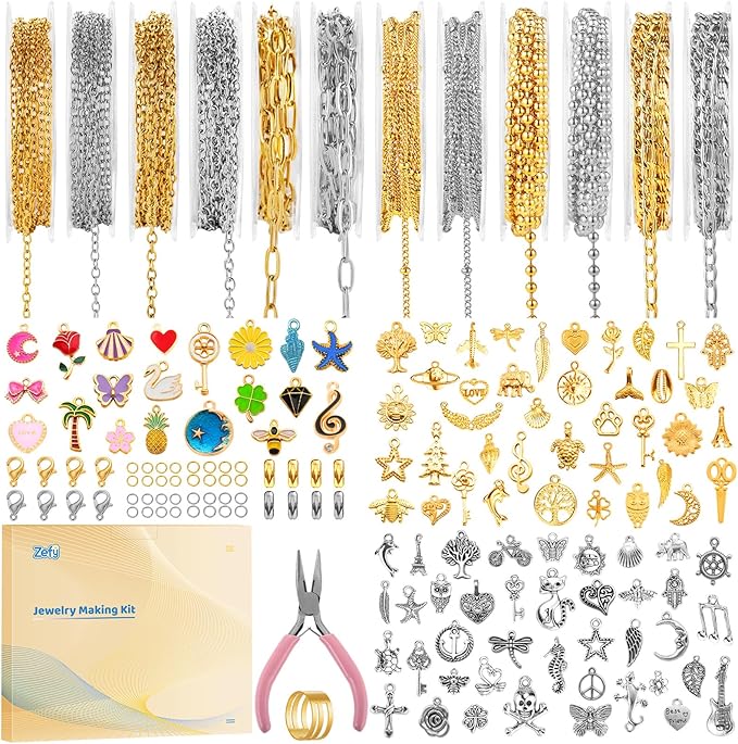 Zefy 18K Gold Silver Chain for Jewelry Making Kit, 39.6ft 12 Rolls Stainless Steel Chains Bulk with 380 Pcs Charms, Jump Rings Lobster Clasps Set for DIY Bracelet Necklace Crafts