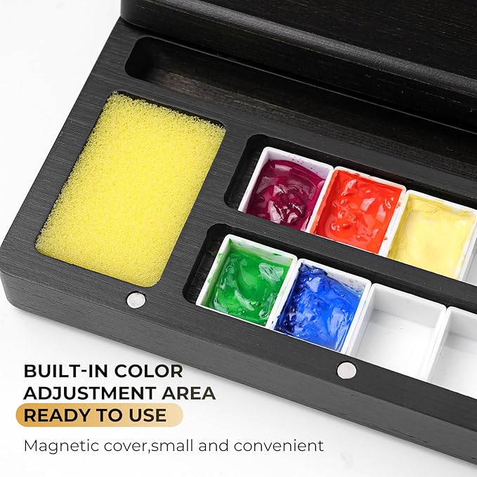 Travel Watercolor Palette Box, Fuumuui Black Wood Palette Kit with Cover, 12 Empty Removable Half-pan Grids, Dual Tip Travel Brushes, for Watercolor Gouache Color Mixing, Pure White Palette