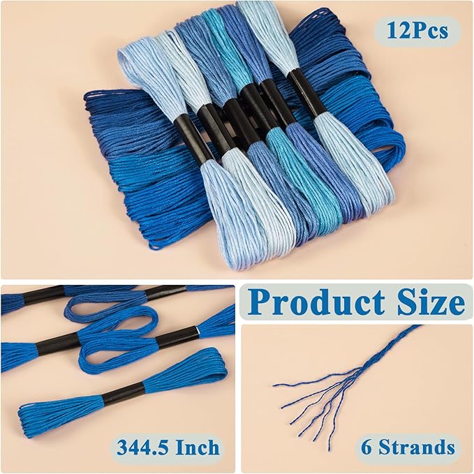Friendship Bracelet String, 12 Skeins Blue Series Cross Stitch Thread, 344.5 Inch Cotton Embroidery Floss, Hand Embroidery Thread for DIY Sewing and Embroidery Crafts Making