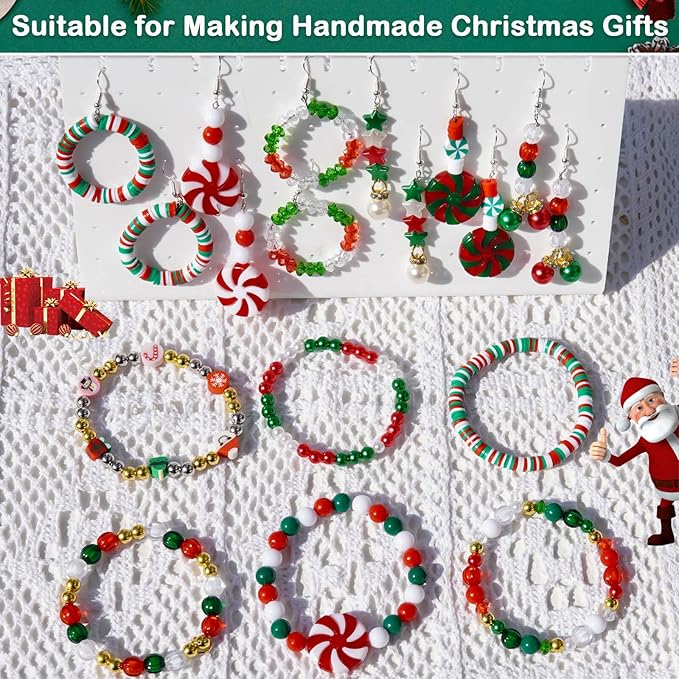 2370Pcs Christmas Beads for Bracelets Jewelry Making Kit, Christmas Tree Snowflake Charms Red Green Xmas Clay Bead Assorted Acrylic Crystal Round Pearl Star Spacer Bead for Necklace Earrings DIY Craft