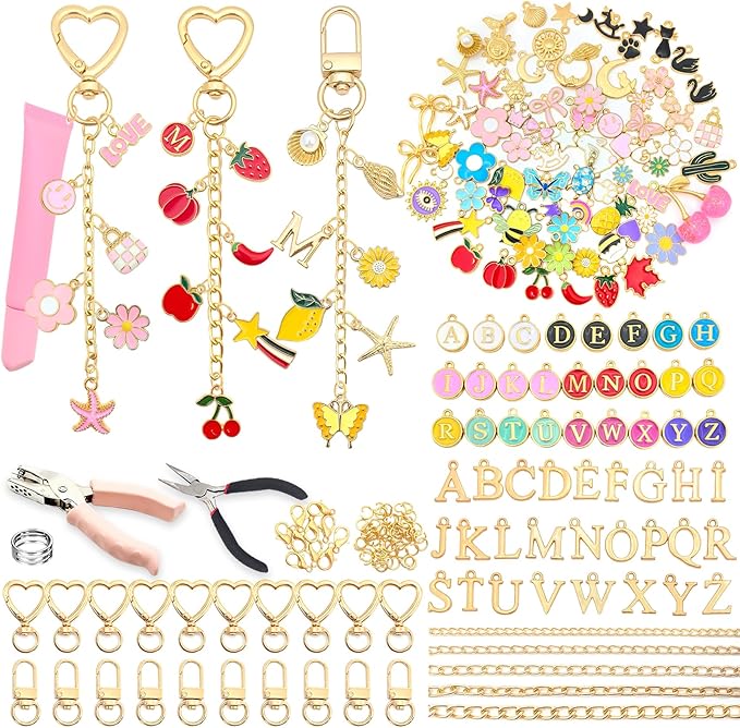 328Pcs Charms Lip Gloss Keychain Making Kit, DIY Keychain Supplies with 128 Charms, 20 Clasps, Jump Rings, Chain, Jewelry Plier, Hole Punch, Bag Charm Kit, Jewelry Making Kit for Crafting Keychains