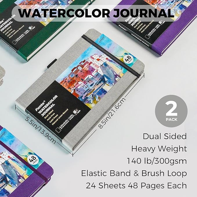 Funto Classic Hardcover Watercolor Journal, 8.5x5.5(2-Pack)-140lb Cold Press Paper, Lay-Flat Binding,Inner Pocket, for Adults & Artists