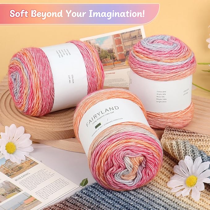 Aeelike Gradient Yarn for Crocheting, 3 Skeins Cake Yarns 100g (3.52 oz) 245m (267 Yards) # 3 Light Weight Super Soft Ombré Yarns for Making Blanket Scarves Sweaters, Pink Purple Gradient