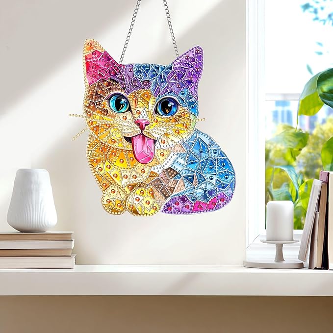 Wergund 5D DIY Cat Diamond Art Hanging Kits, Hanging Diamond Art Animal, Acrylic Special Shaped Rhinestone, Window Hanging Pendants for Home Wall Garden Front Door Outdoor Decor Gift(Cat)