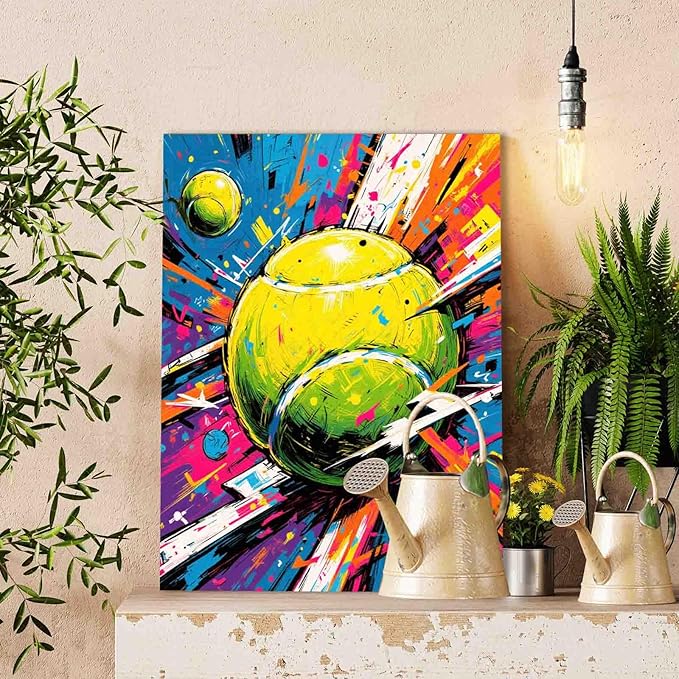 Tennis Ball Sports Paint by Numbers Kit for Adults Beginner Vibrant Graffiti Paint by Number Kit on Canvas Digital Painting Kit Acrylic Paintwork Bathroom Decorations and Gifts 16"x20"(DIY Frame)