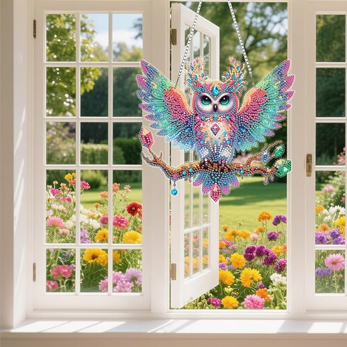 Ristpal Diamond Painting Kits Hanging for Adult, Special Shaped Rhinestone, DIY Acrylic Diamond Art Painting Window Pendants Home Garden Wall Hanging Kits for Home Decor and Gifts (Owls)