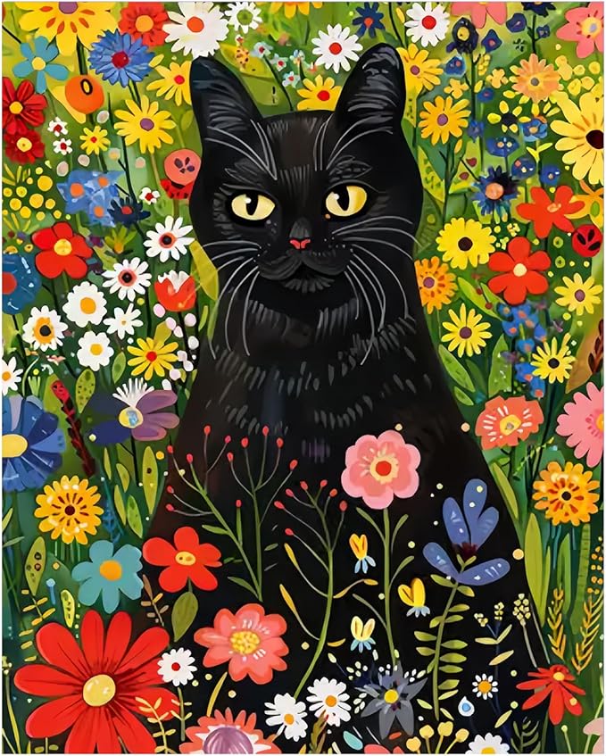 xcemhil Paint by Number Kit for Adults, Cat Paint by Numbers, Cat with Flower Paint by Numbers Kit for Adults Beginner for Gift Home Wall Decor 16x20 inch