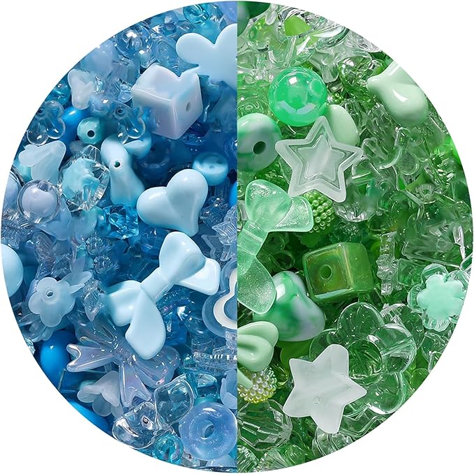 190-230PCS Assorted Acrylic Beads for Bracelet Making Kit, 200g Blue and Green Cute Beads for Keychain Making, Kandi Charms, Kawaii Jewelry Making, DIY Crafts