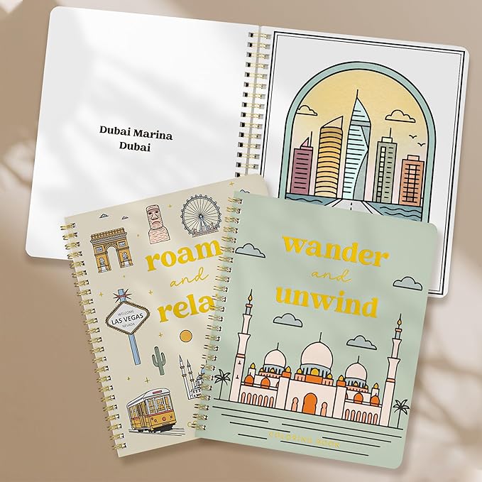 Beautiful Adult Coloring Book Set of 2 for Relaxation - Inspirational Adventures and Sightseeing Spots for The Spirit of Wanderlust - Perfect Stress-Relieving Gift for Women