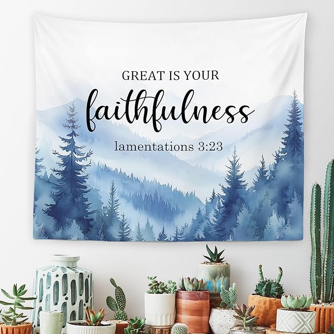 MNASAIOO Christian Mountian Woods Wall Tapestry Hanging for Bedroom, Bible Verse Scripture Great Is Your Faithfulness Tapestries,Blue Watercolor Wall Decor Banner for Living Prayer Room Church 50x60in