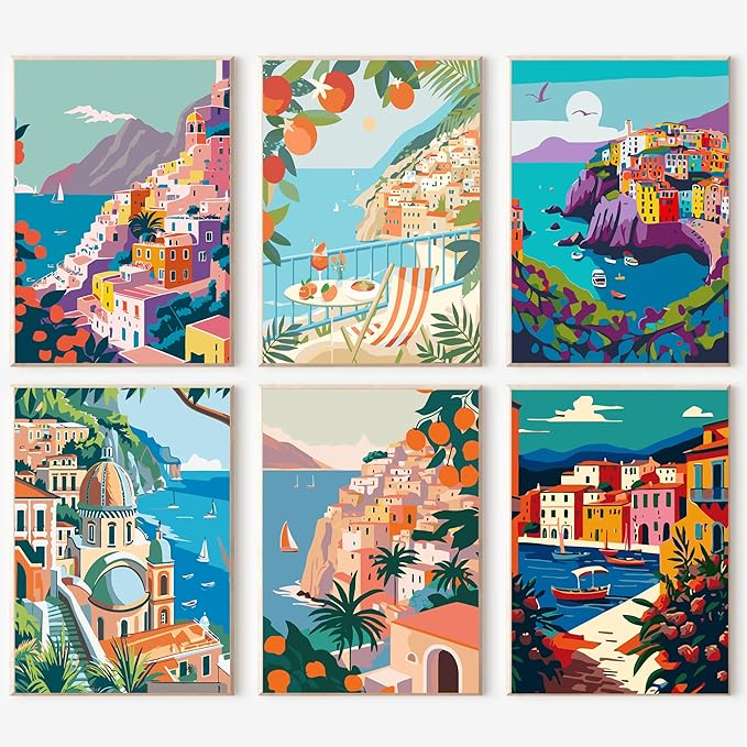 cupmod 6 Packs Scenery-Cityscape Paint by Numbers Kit for Adults,DIY Watercolor Acrylic Oil Painting Landscape Paint by Numbers Kits on Canvas,Adults Paint by Numbers Kits for Home Decor 9.8x12.8inch