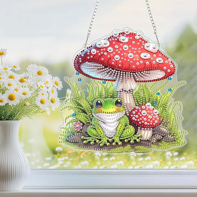 NEWENMO Diamond Art Hanging Kit for Adult, Cute Frog, DIY Double Sided Acrylic Special Shaped Diamond Art Painting Window Pendant Cartoon Frog with Mushroom, Home Garden Wall Hanging Ornament Kits