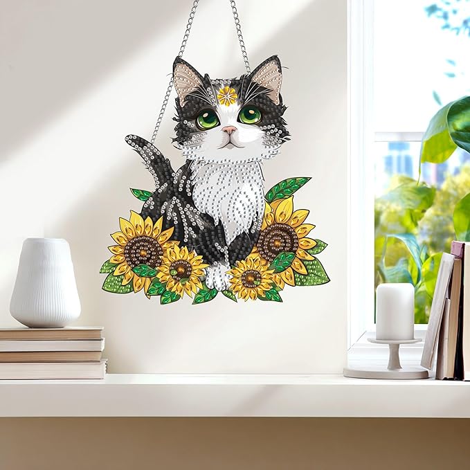Wergund 5D DIY Cat Diamond Art Hanging Kits, Hanging Diamond Art Sunflower, Acrylic Special Shaped Rhinestone, Window Hanging Pendants for Home Wall Garden Front Door Outdoor Decor Gift(Cat)
