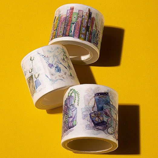 Navy Peony Colorful Library of Books Washi Tape Set (3 Wide Rolls) — for Journals