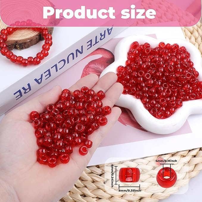 Plastic Pony Beads, 1000 Pcs, 6x9mm, for Bracelet, Hair Braiding, Friendship Bracelets, Jewelry Making (Red Glitter)