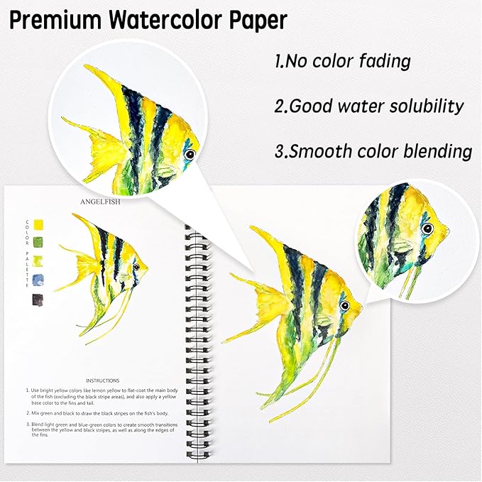 SLWBZ Watercolor Workbook Ocean Animals, 15 Different Patterns of Original DIY Designs, Beginner-Friendly Watercolor Workbooks, (Ocean Animals, Without Palette)