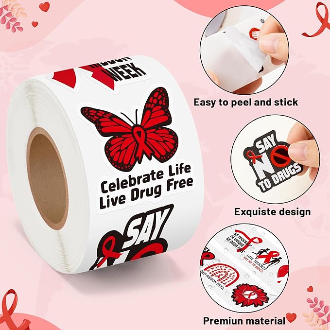 beyumi red ribbon roll stickers - 1000pcs red ribbon week awareness stickers in 2 rolls waterproof vinyl drug free say no to drugs decals school events anti-drugs campaigns laptop bottle luggage decor