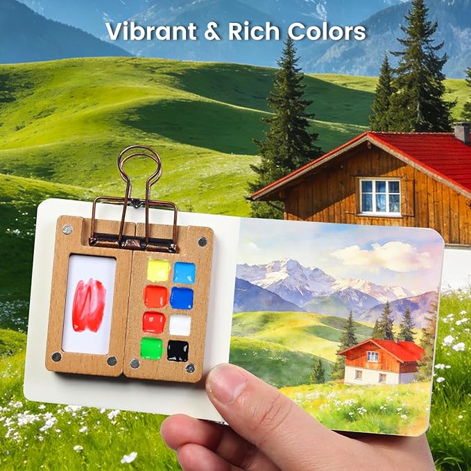 Mini Watercolor Paint Set, Travel Watercolor Paint kit with 12 Colors, Refillable Brush & Sketchbook, Ideal Watercolor Palette for Travel, Creative Painting Kit for Beginners and Artists(8 Gird)
