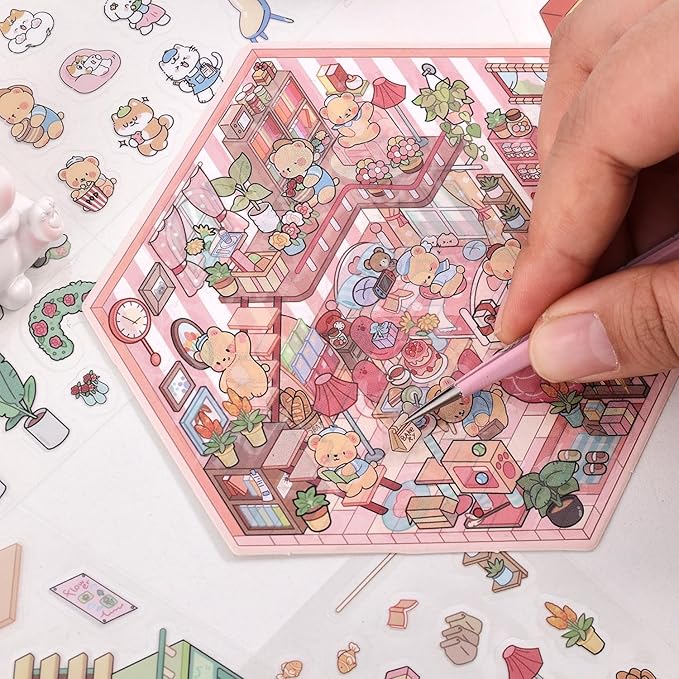DIY 3D House Scene Stickers - 4 Sets, Warm Home, Supermarket, Bakery, Flower Shop,Cute Fun Stacking Miniature Cartoon for Adult Kids Relief Stress Pass The Time