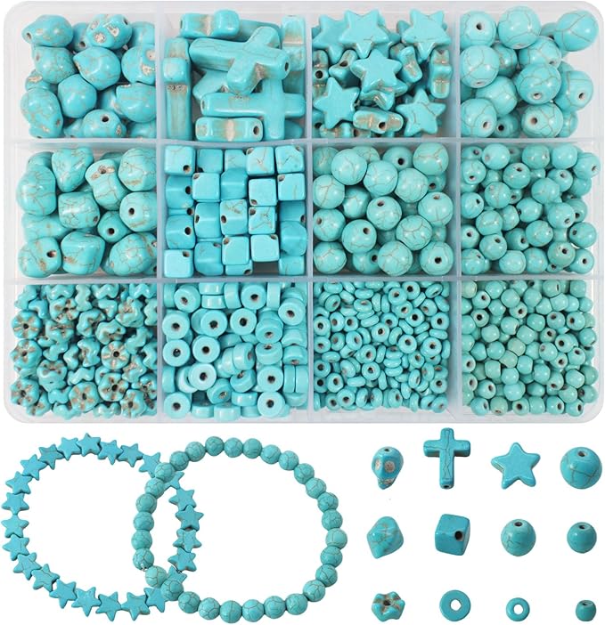 PAMIR TONG Turquoise Beads Sets for Jewerly Making 1183pcs Natural Turquoise Howlite Stone Cross-Skull Head-Heishi Space Rocks Assorted Beads Accessories for DIY Crafts-Necklace-Charms-Bracelet