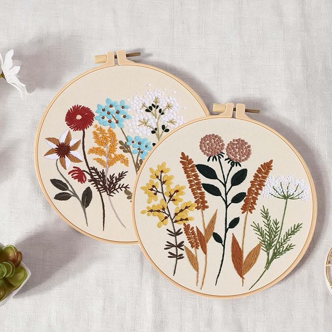 Fakindiy 4 Sets Embroidery Kit for Beginners, Flower Cross Stitch Set for Complete Starter Kit with Hoop, Threads, Needles & Tools,Hand Craft Gift for Lovers (ColorC-Flower Pattern)