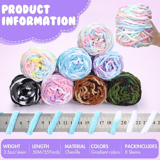 Buryeah 8 Pack Chunky Chenille Yarn for Crocheting Soft Thick Fluffy Yarn for Hand Knitting Bulky Velvet Blanket Plush for Weaving DIY Crafts Each 3.5 oz 55 Yards (Gradient Colors)
