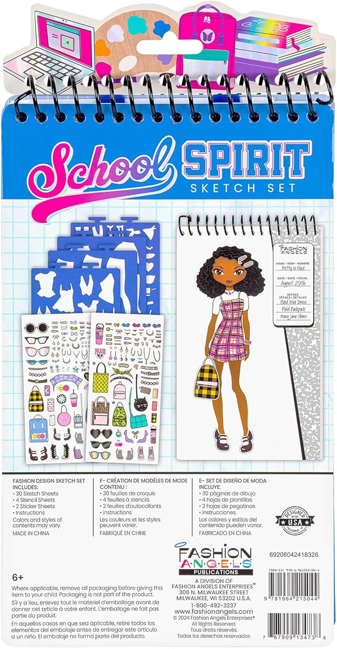 Fashion Angels School Spirit Sketch Set, Includes Sketch Pad with Stencils & Stickers, Fashion Design Sketch Book for Girls, Ideal Drawing Kit for Kids