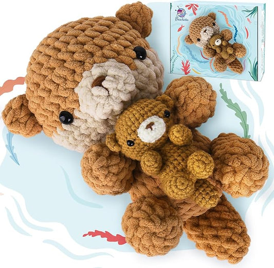 Crochetta Crochet Kit for Beginners, Crochet Starter Kit w Step-by-Step Video Tutorials, Beginner Crochet Kit for Adults Kids Women Men Complete Kit Included (Otter Mom and Baby)