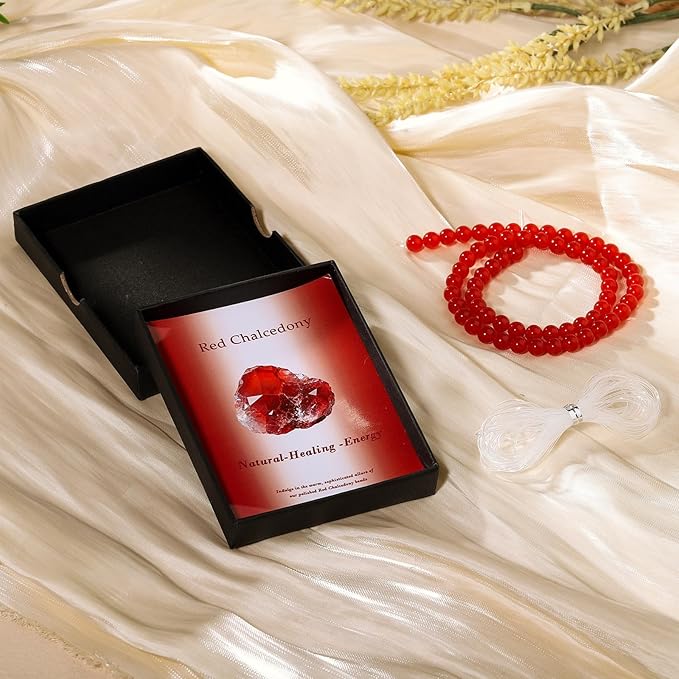 Song Xi 90pcs 4mm Natural Red Chalcedony Stone Beads for Jewelry Making, Gemstones Beads Bracelet for Necklace Earring Keychain, with Jewelry Box and Elastic for Christmas Wedding Birthday Gift