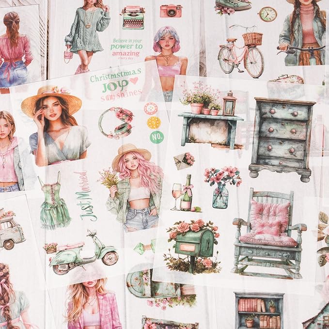 Stickers for Journaling, 20 Sheets Fashion Junk Journal Sticker, Cyan PET Washi Materials Scrapbooking Supplies for Adults, People Women Transparent Decorative Art Crafts