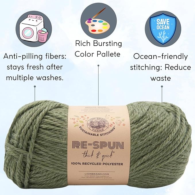Lion Brand Re Spun Thick & Quick Evergreen 843-174 (3-Skeins - Same Dye Lot) Weight S Bulky #6 Polyester Yarn for Crocheting and Knitting with Project Bag