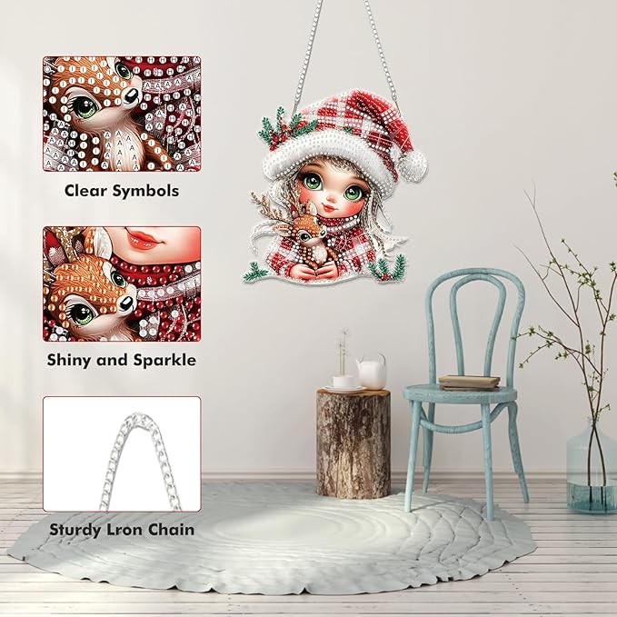 Miwixy Christmas Hanging Diamond Art Kits for Adults,Cute Xmas Deer Special Shaped Crystal Fairy Diamond Painting Ornament Kit DIY Double-Sided Pattern Window Pendant Gem Art Kit for Home Wall Decor