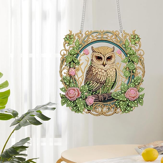 Reofrey Hanging Diamond Art Kits for Adults– 8x8Inch Owls Hanging Ornament Acrylic Board Double Sided Pattern Crystal Diamond Art Suncatcher Pendant, for Home Wall Window Decoration Handmade Gift