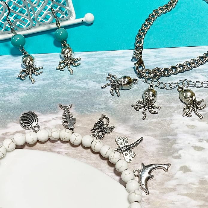 Heather's cf Silver Sea Charms – Antique Pendants, Non-Tarnish, Lead-Free & Nickel-Free, Bulk Ocean Animal Charms for DIY Jewelry, Bracelets, Necklaces, Earrings, Beach Craft Supplies (Sea Animals)