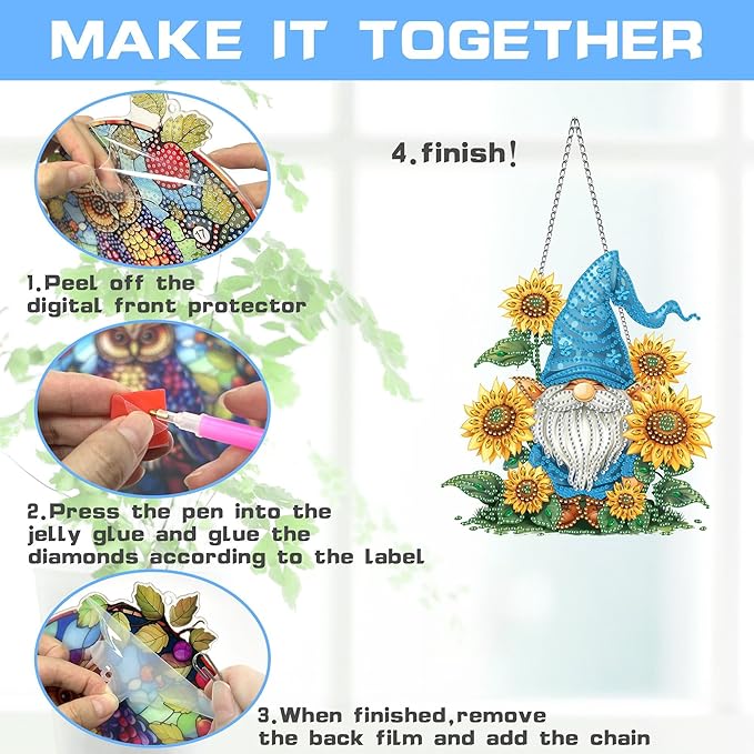 VAIIEYO Dwarf Gnome Diamond Art Hanging Ornament, Sunflower Diamond Painting Suncatchers Window Hanging Kit with Chain, 7.5x7.5 inch Crystal Pendant Art Craft for Gift Home Wall Front Door Decoration